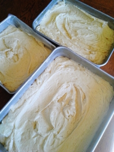 three cake layers ready for baking
